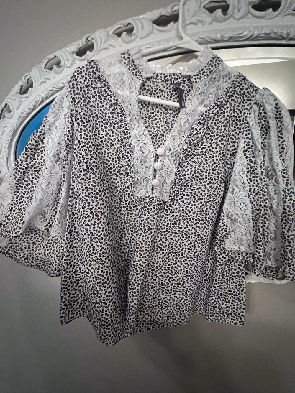 Anthropologie Black and White Leopard Lace-Trim Blouse